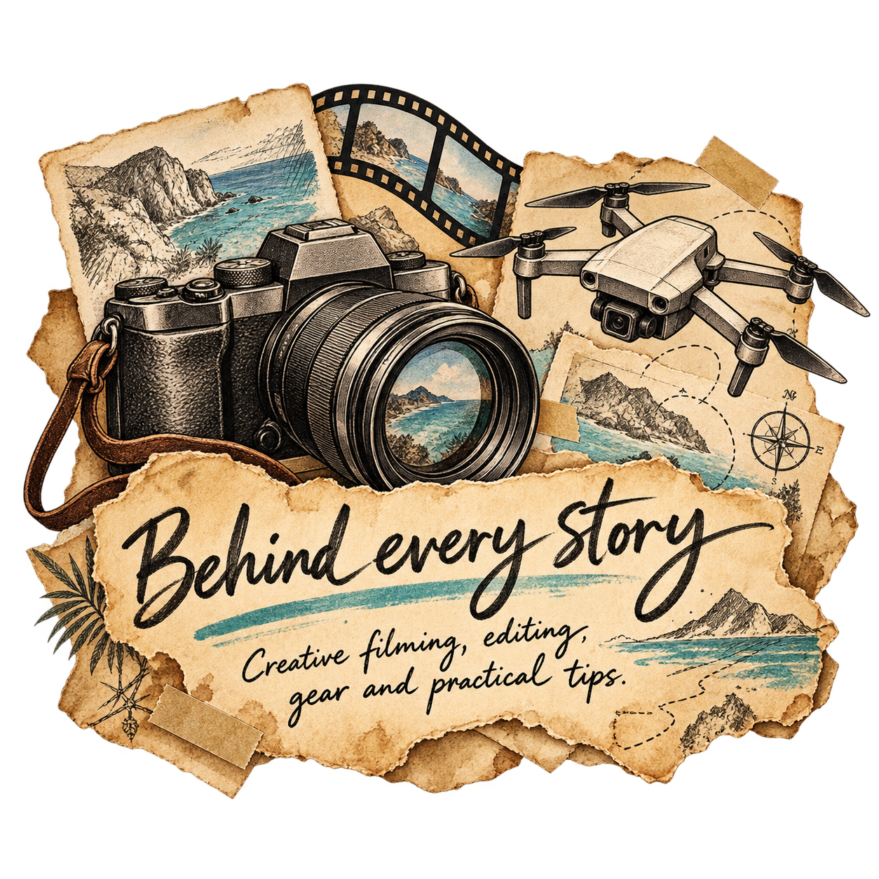 Camera, drone and film strip on aged paper — Behind every story