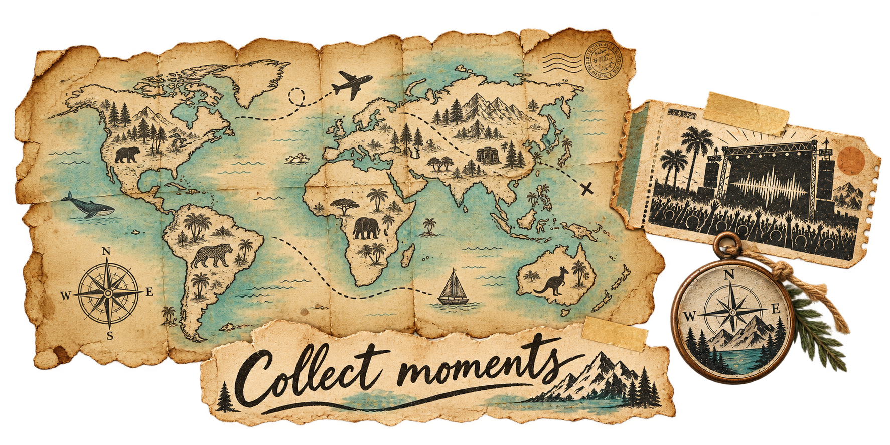 Complete aged world map, festival ticket and compass — Collect moments