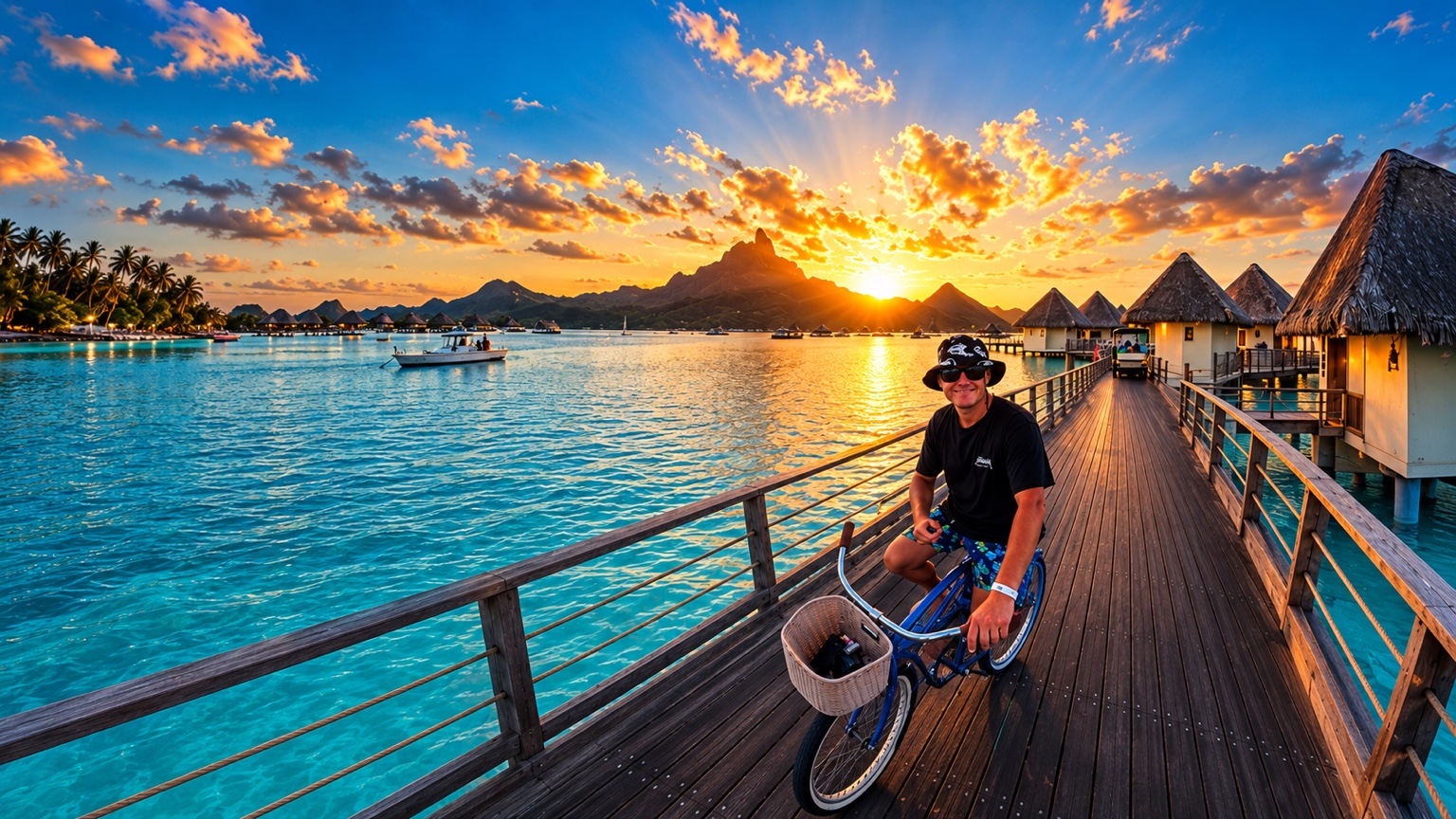 Jimmy on a bicycle along an overwater boardwalk in Bora Bora at sunset
