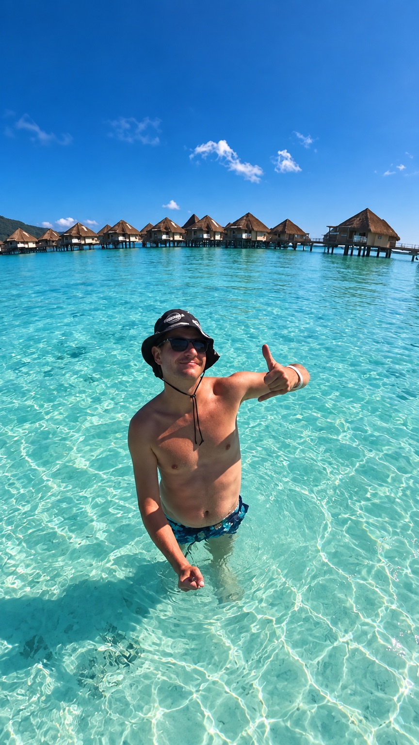 Jimmy in a turquoise lagoon beside overwater villas