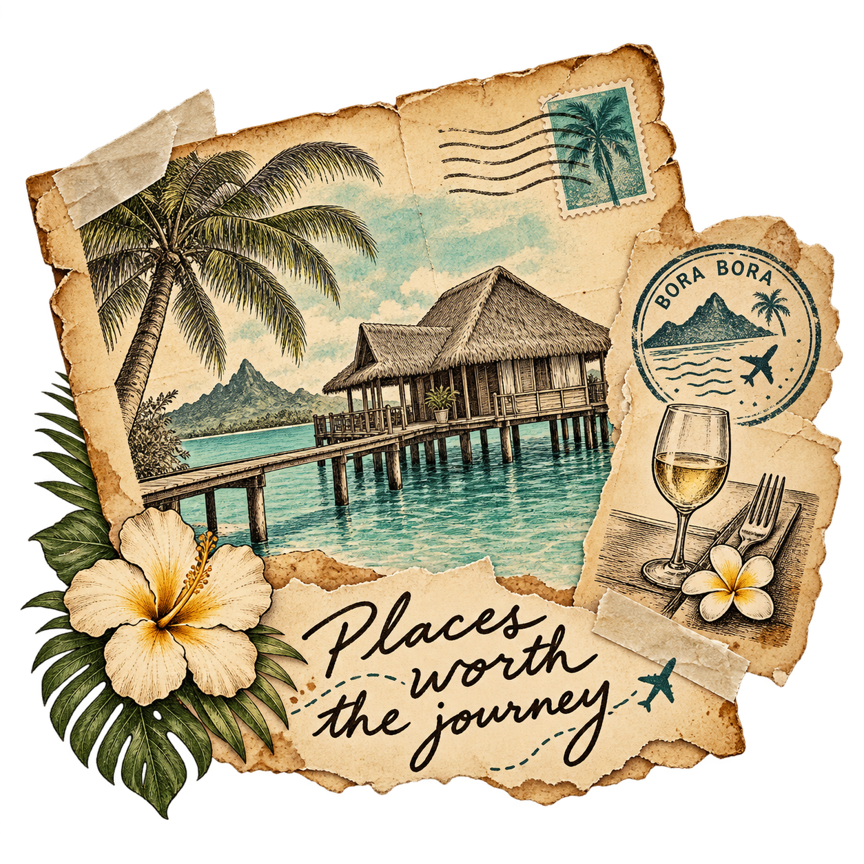 Tropical bungalow, restaurant and aged travel postcard — Places worth the journey