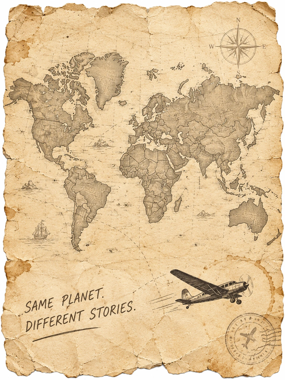 Vintage world map on aged paper, with a small airplane and the words Same planet. Different stories.